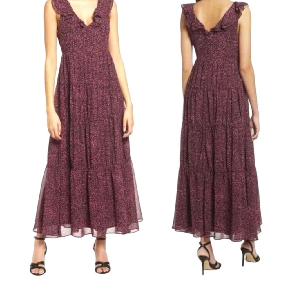 Chelsea28 Ruffle Neck Abstract Print -SZ Small- Tiered Chiffon Maxi Dress